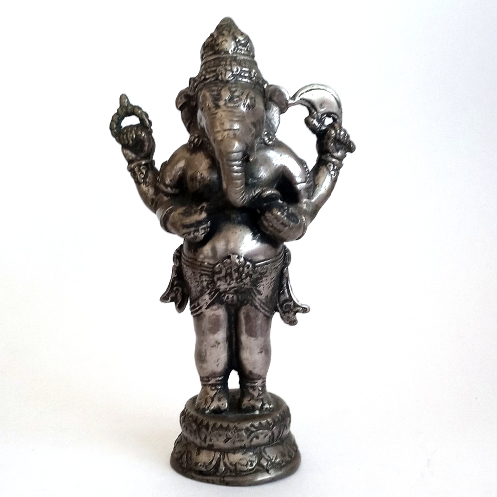Antique Pewter Bronzed Brass Aged Silver Ganesh Statue 9" Tall - Picture 4 of 11